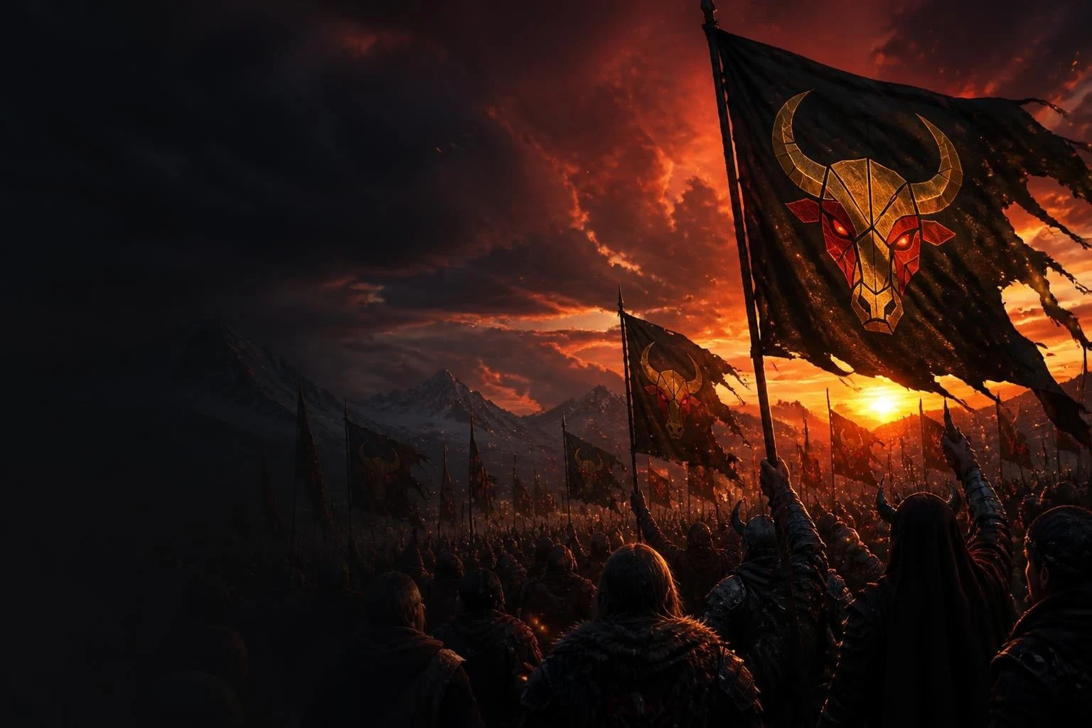A crowd at dusk raising black banners bearing the red-eyed RugRiot bull emblem
