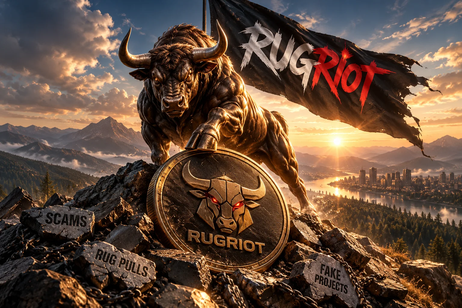 The RugRiot bull pressing its hoof on the RugRiot coin atop stones marked scams, rug pulls and fake projects, under a torn RugRiot flag
