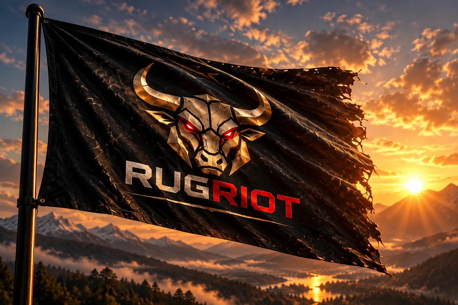 A torn RugRiot flag flying over a mountain valley at sunset