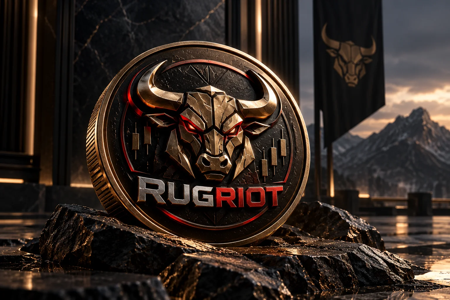 The RugRiot coin on dark stone between marble pillars, with a bull banner and mountains behind