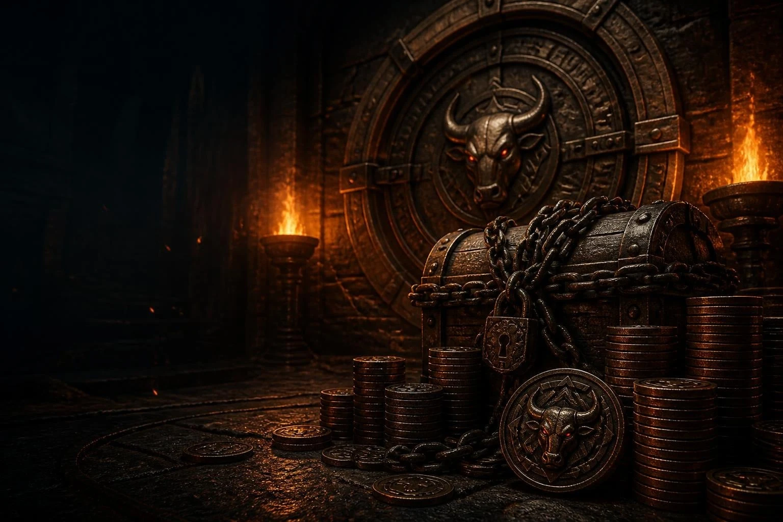 A firelit stone vault with stacks of bull-head coins, a chained and padlocked chest and a bull-crest vault door